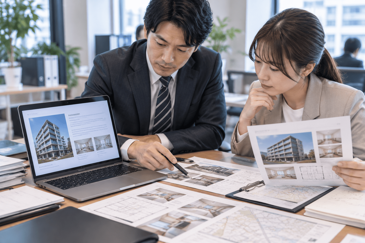 AIで作成した物件紹介文と元の物件資料を照合する不動産会社の担当者
