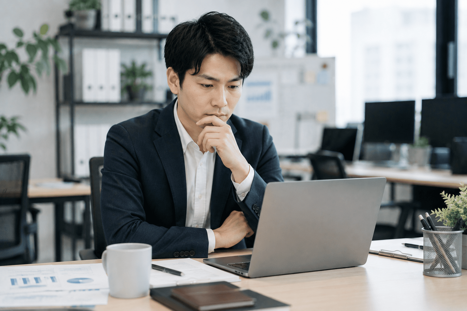 AIツールを前にして何を入力すべきか悩んでいるオフィスワーカー
