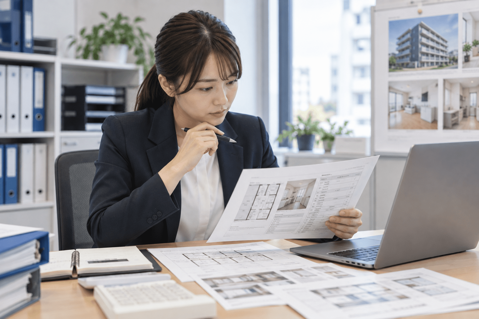 入居前案内に必要な物件資料と条件を確認する賃貸管理担当者