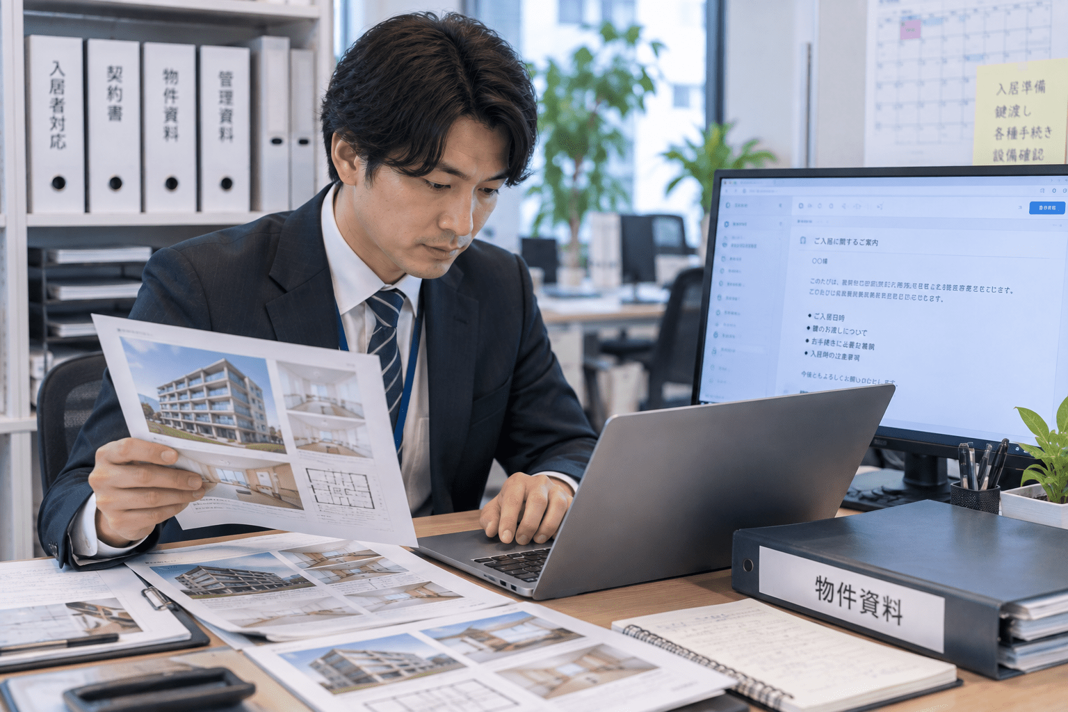 AIで作成した入居前案内メールと物件資料を照合する賃貸管理担当者
