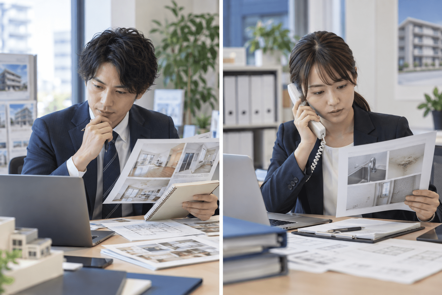 入居者から届いた修繕問い合わせと物件資料を確認する賃貸管理会社の担当者
