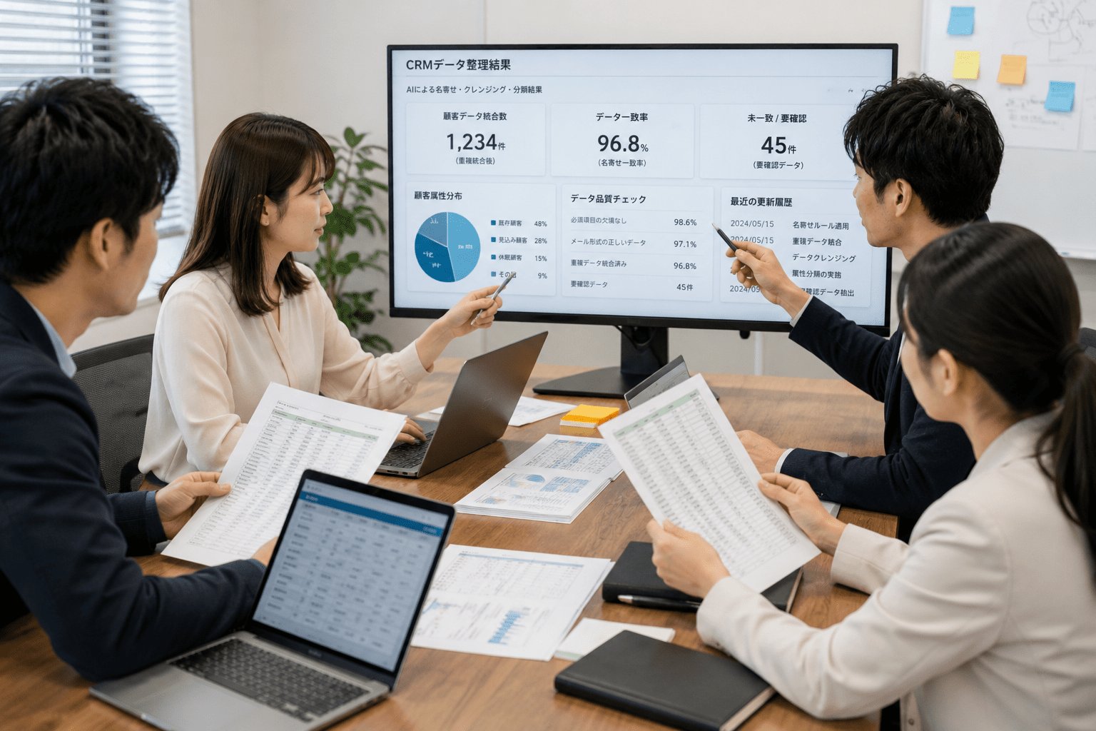 AIで整理したCRMデータをチームで原情報と照合する営業企画担当者