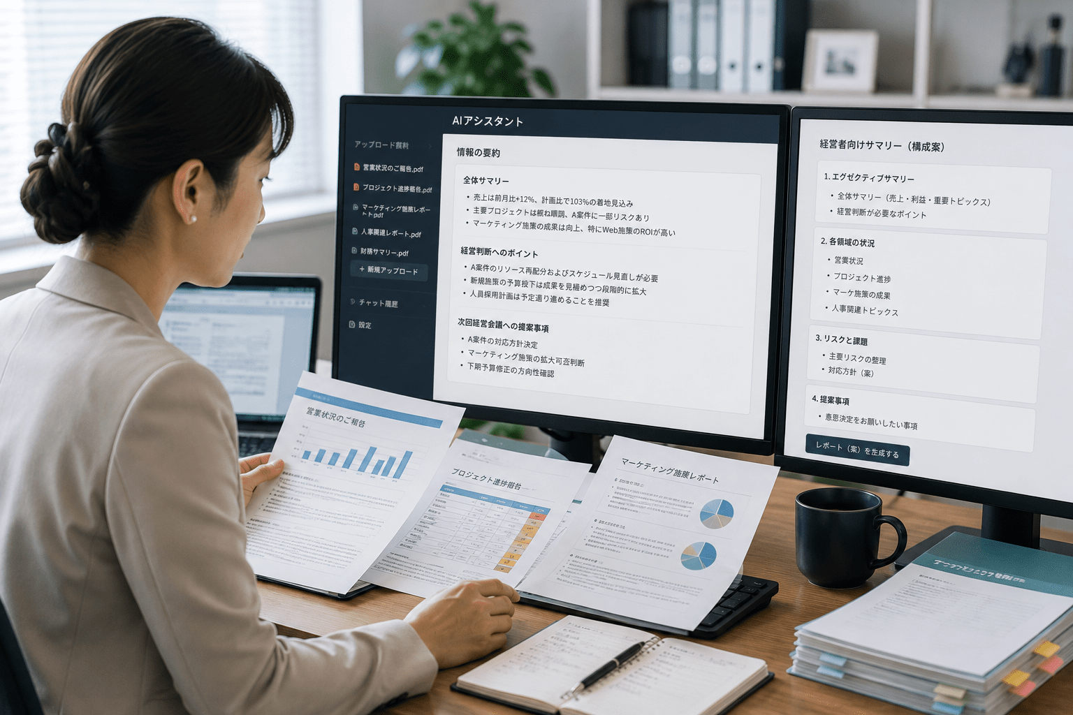 複数の会議資料や報告資料を確認しながらAIで経営者向け情報を整理する秘書担当者