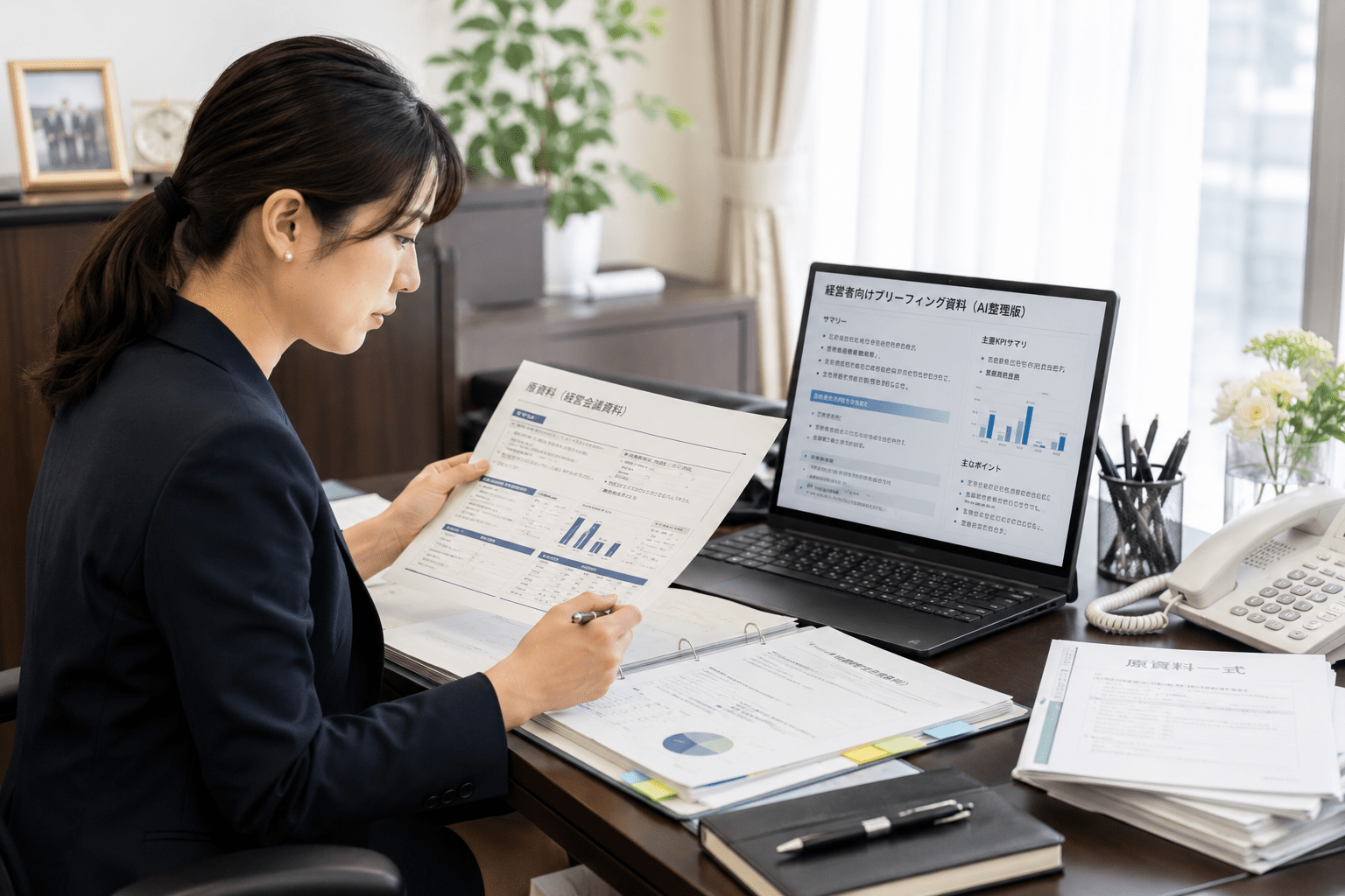 AIで整理した経営者向けブリーフィング資料を原資料と照合する秘書担当者