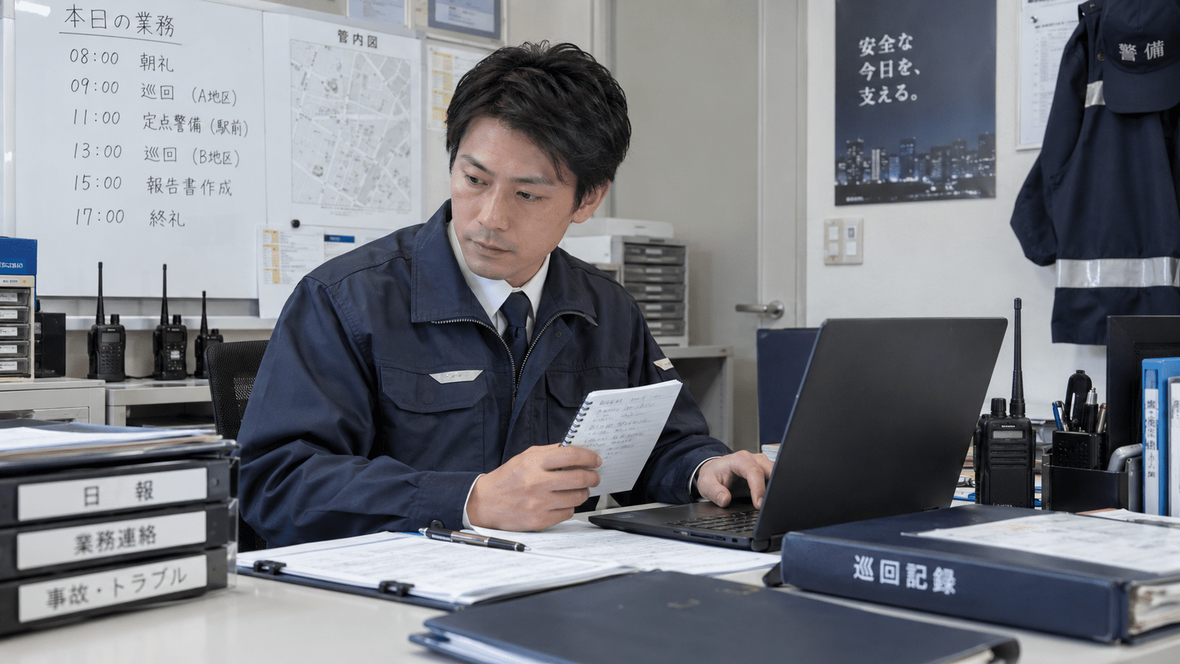 警備会社の管理担当者が現場メモとパソコンを確認しながら報告内容を整理する様子
