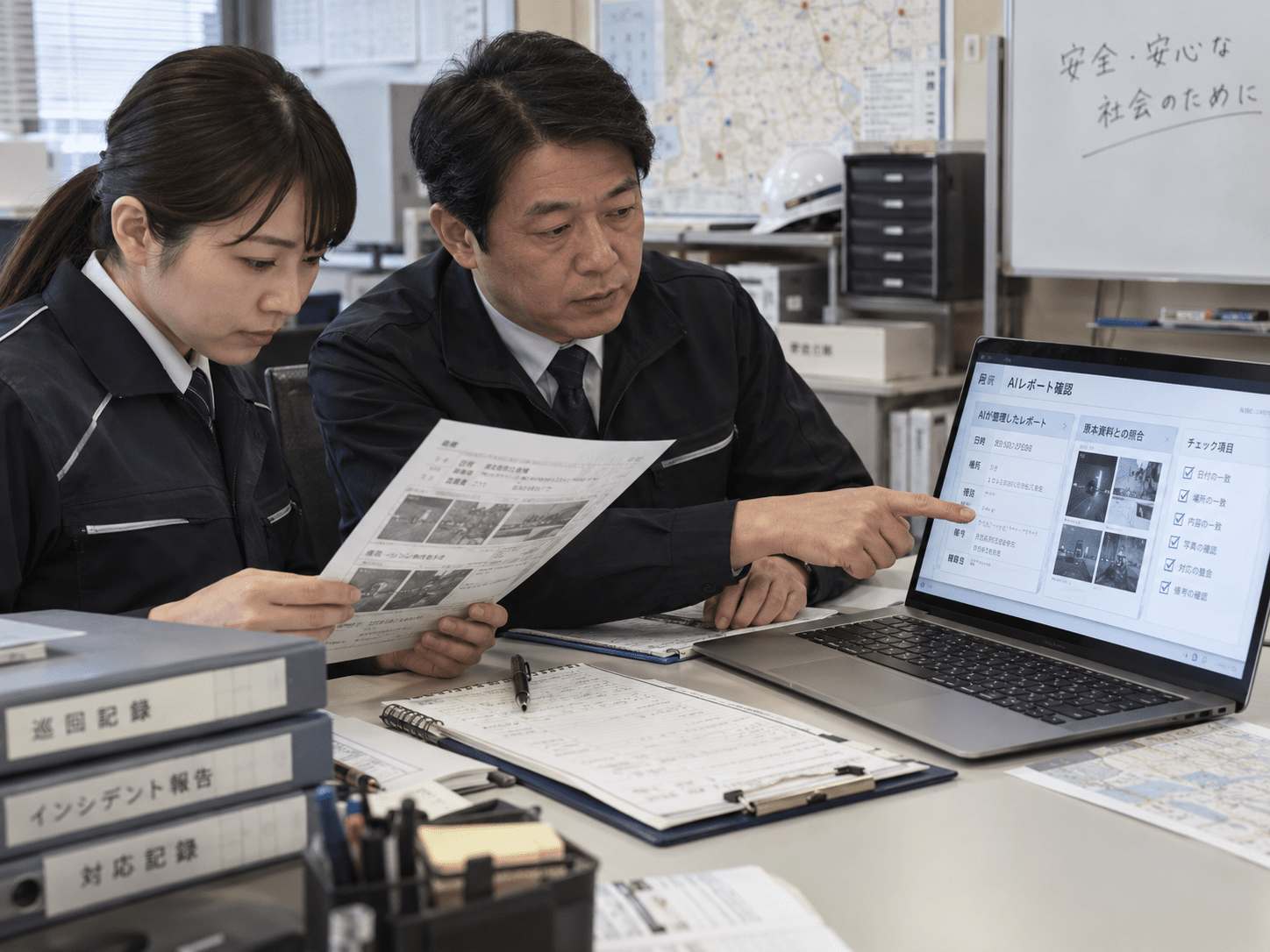 警備会社の担当者と責任者が生成AIで整理した報告書を元資料と照合して確認する様子
