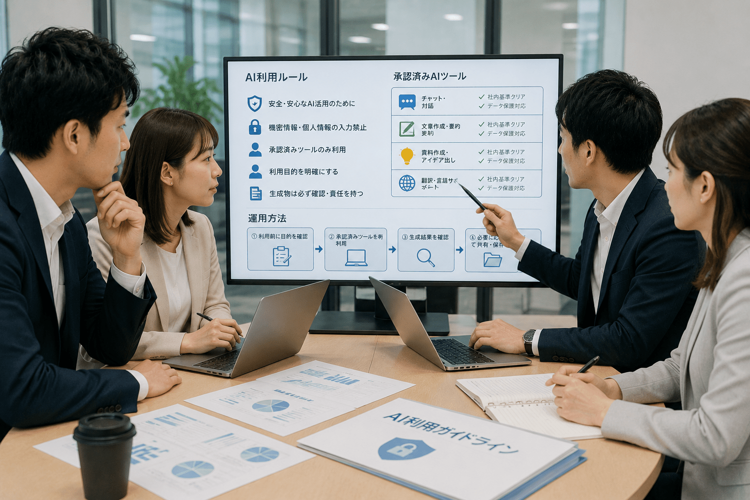 AI利用ルールと承認済みツールの運用方法をチームで確認する日本企業の担当者
