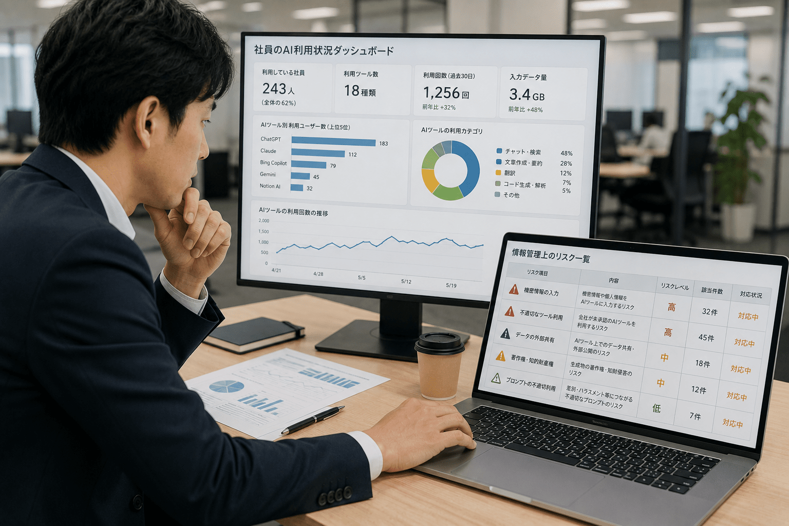 社員のAI利用状況と情報管理上のリスクを確認する日本企業の担当者