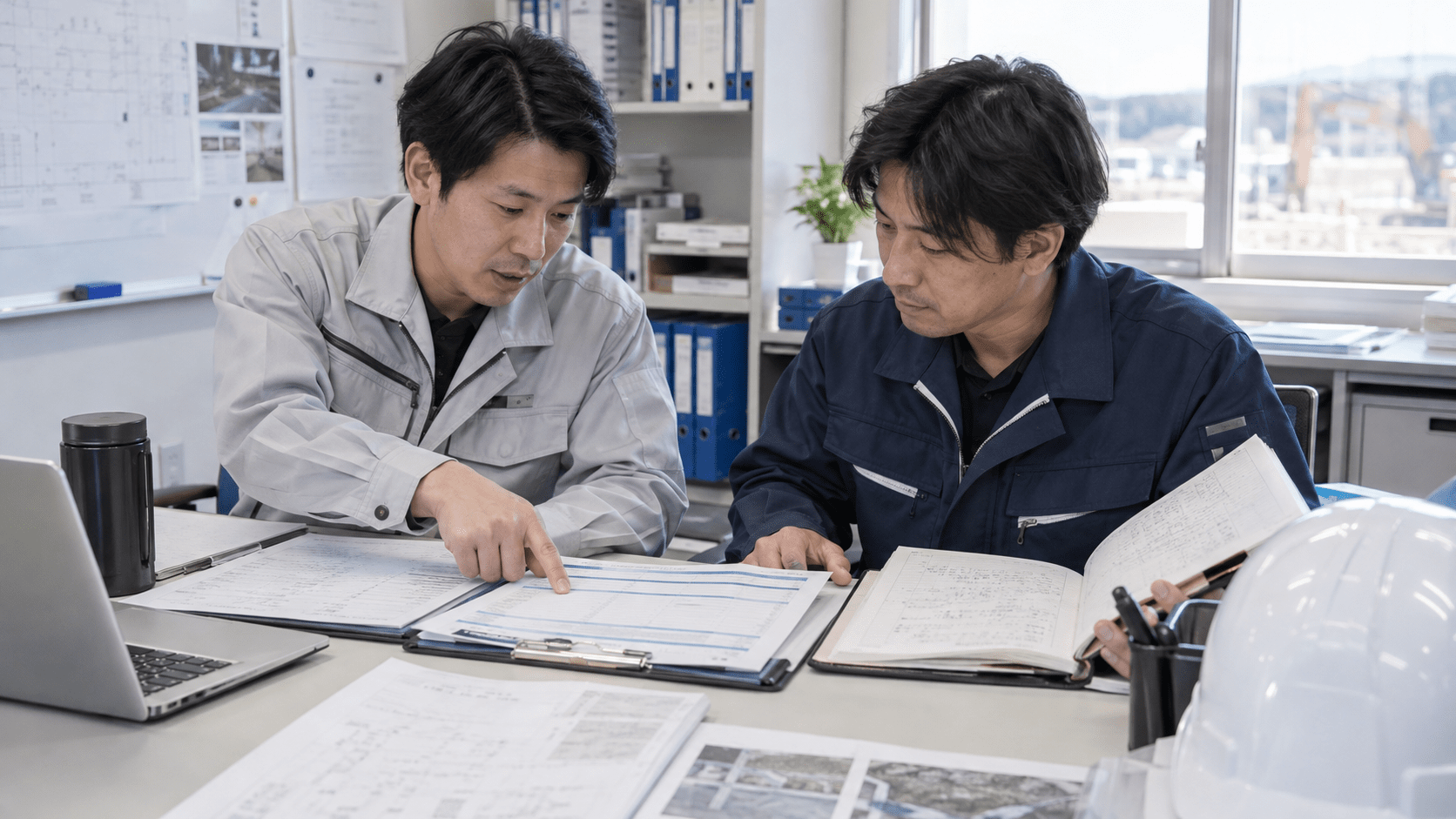 前勤務者と次勤務者がAIで整理した申し送り資料と元の現場記録を照合している様子
