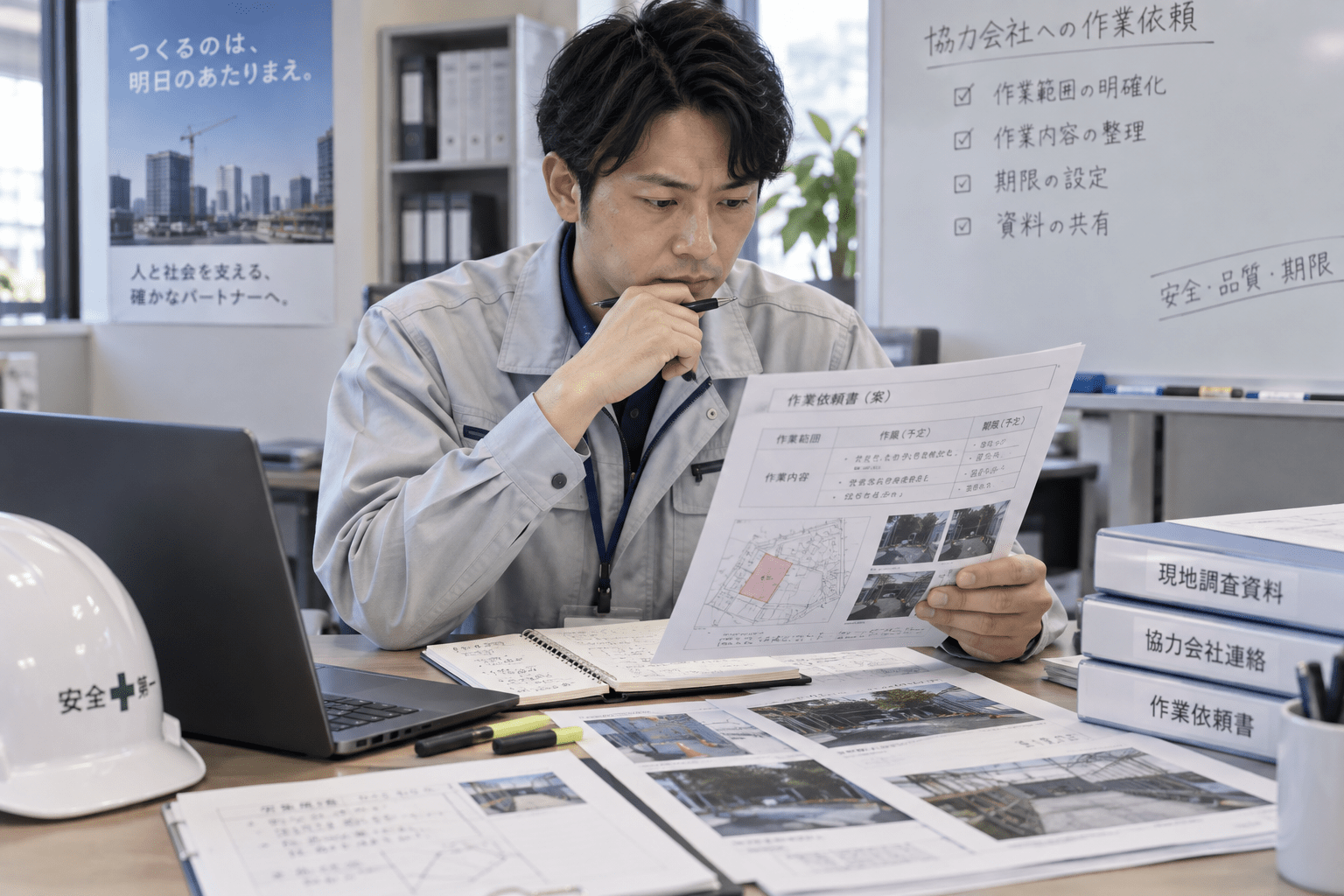 現地調査メモと現場写真を確認しながら社内共有レポートを整理する担当者