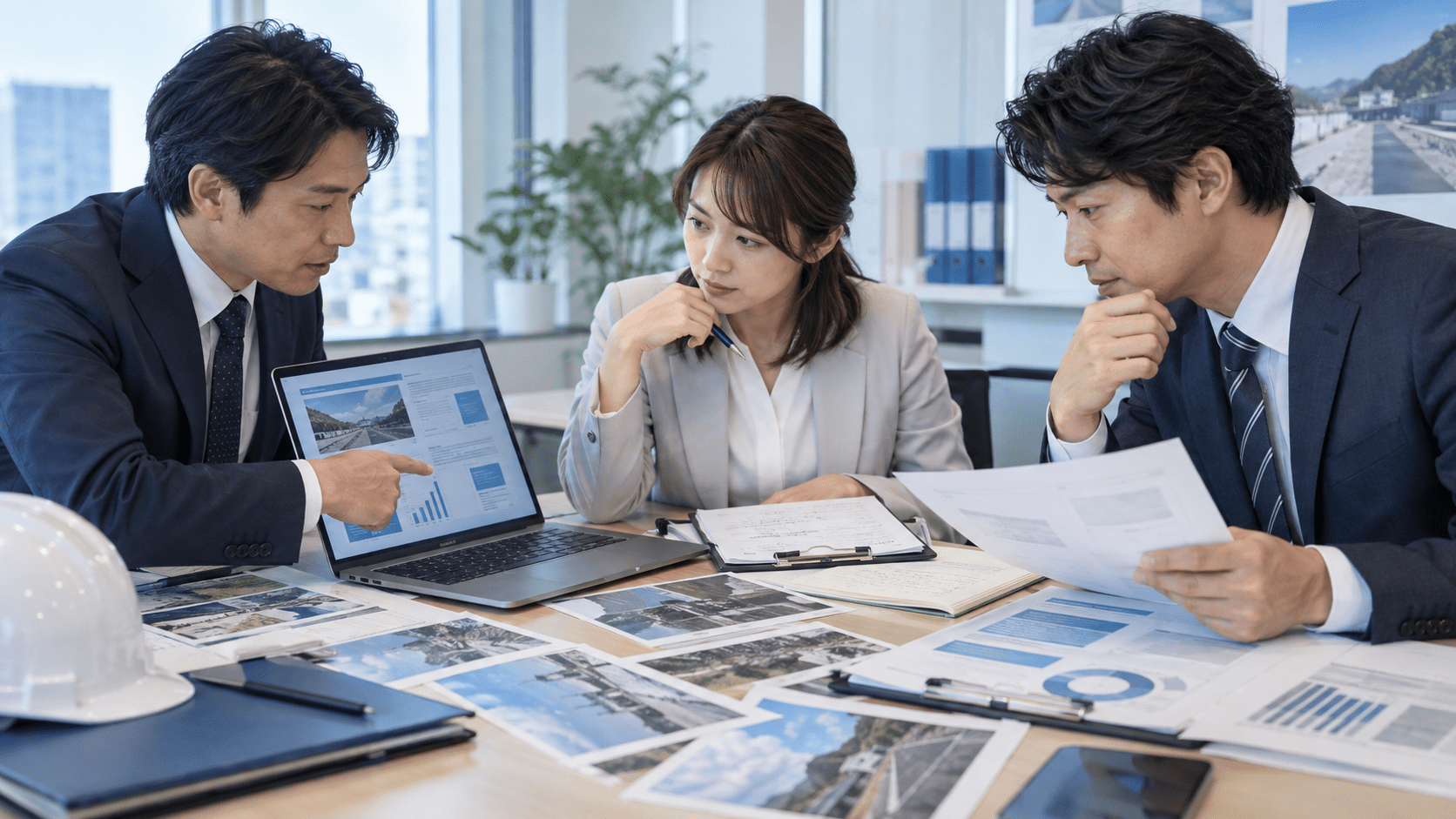 AIで作成した社内共有レポートと現地調査資料を照合する企業チーム