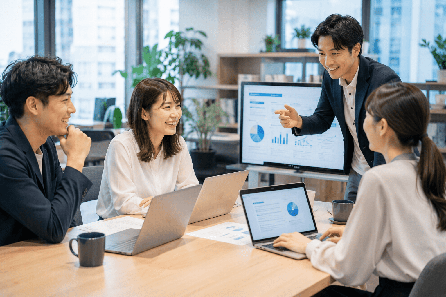 社員同士が協力してAIツールを業務に活用しているオフィス風景