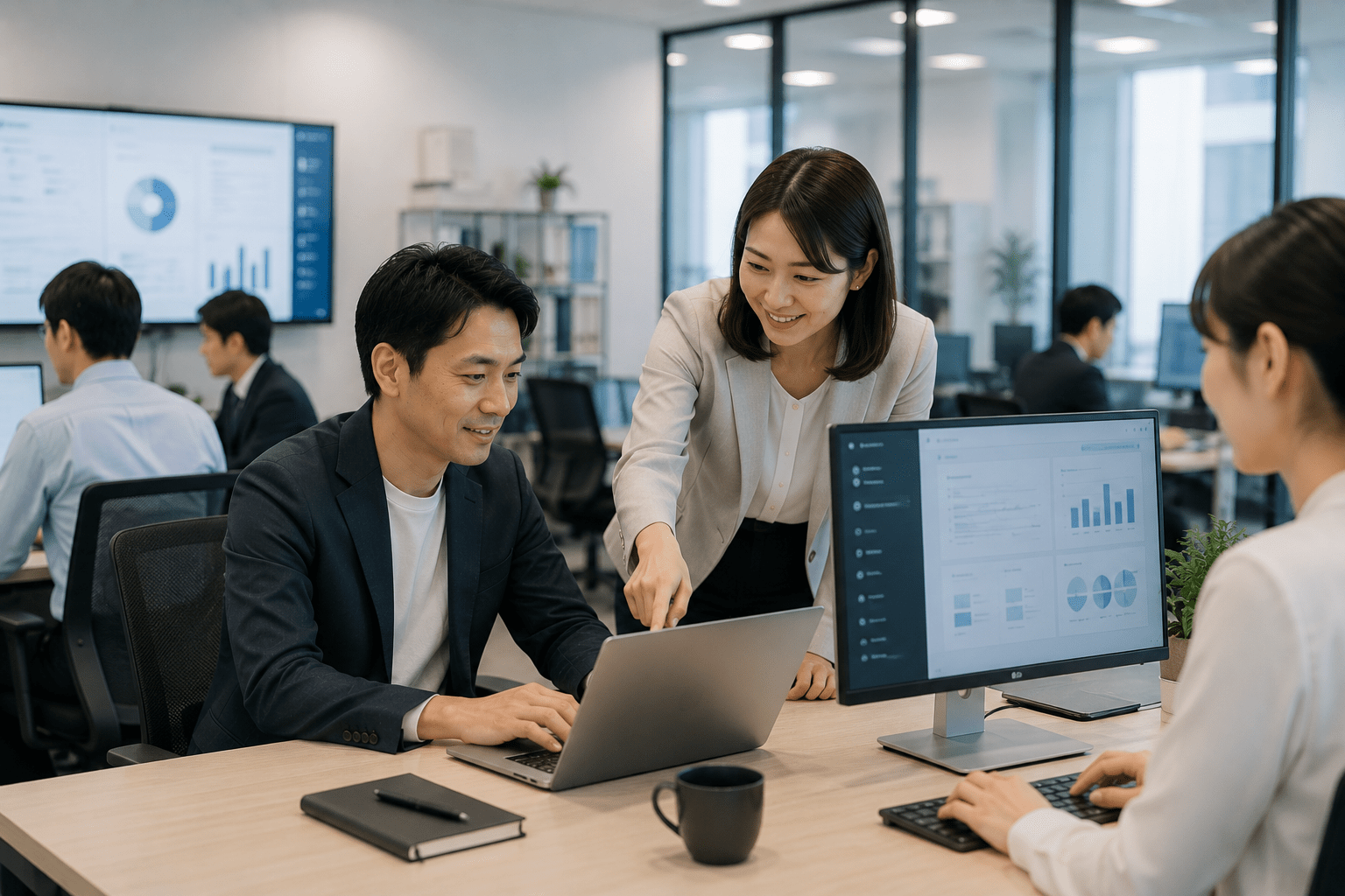 人とAIが協力して業務フローを円滑に進めているイメージ