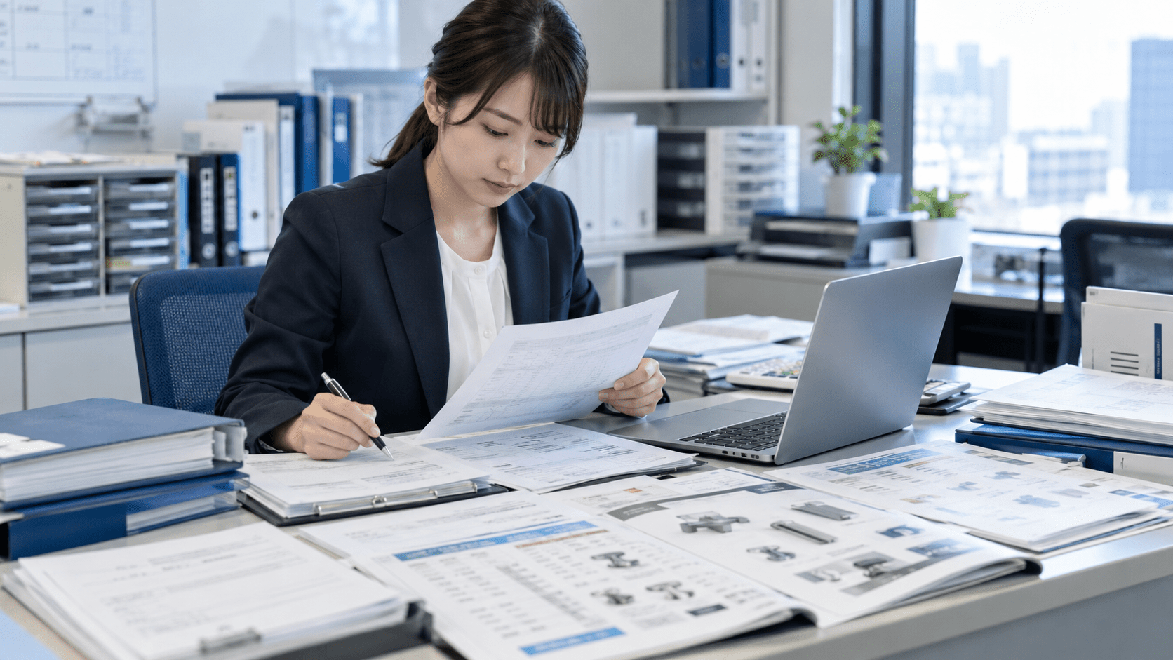 複数の仕入先の価格改定通知と商品資料を確認し変更項目を整理する卸売業の担当者