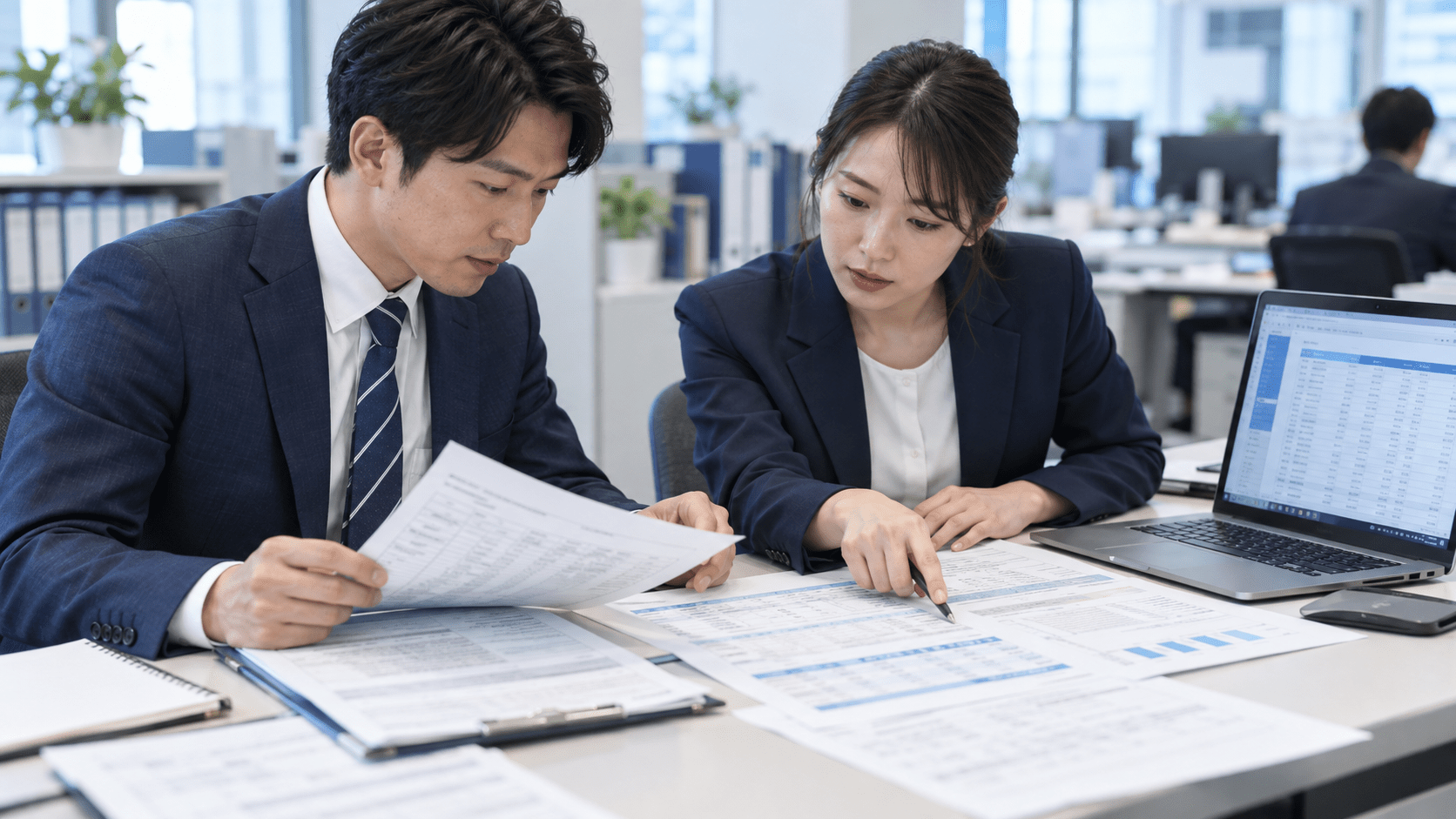AIで整理した価格改定内容と元の仕入先資料を照合する購買担当者と営業担当者