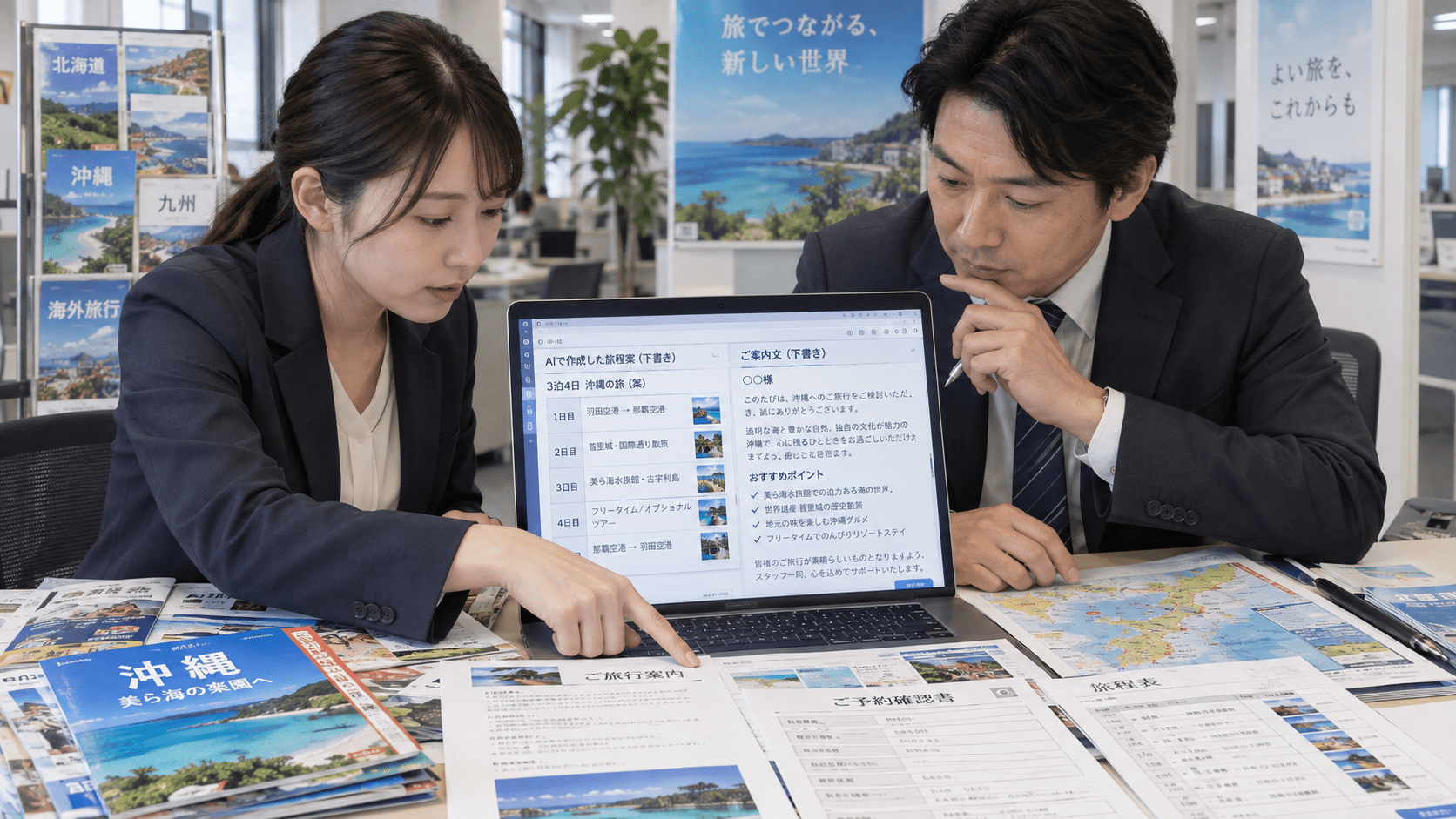 旅行会社の担当者と責任者が生成AIで整理した旅程案や案内文を原資料と照合して確認している様子