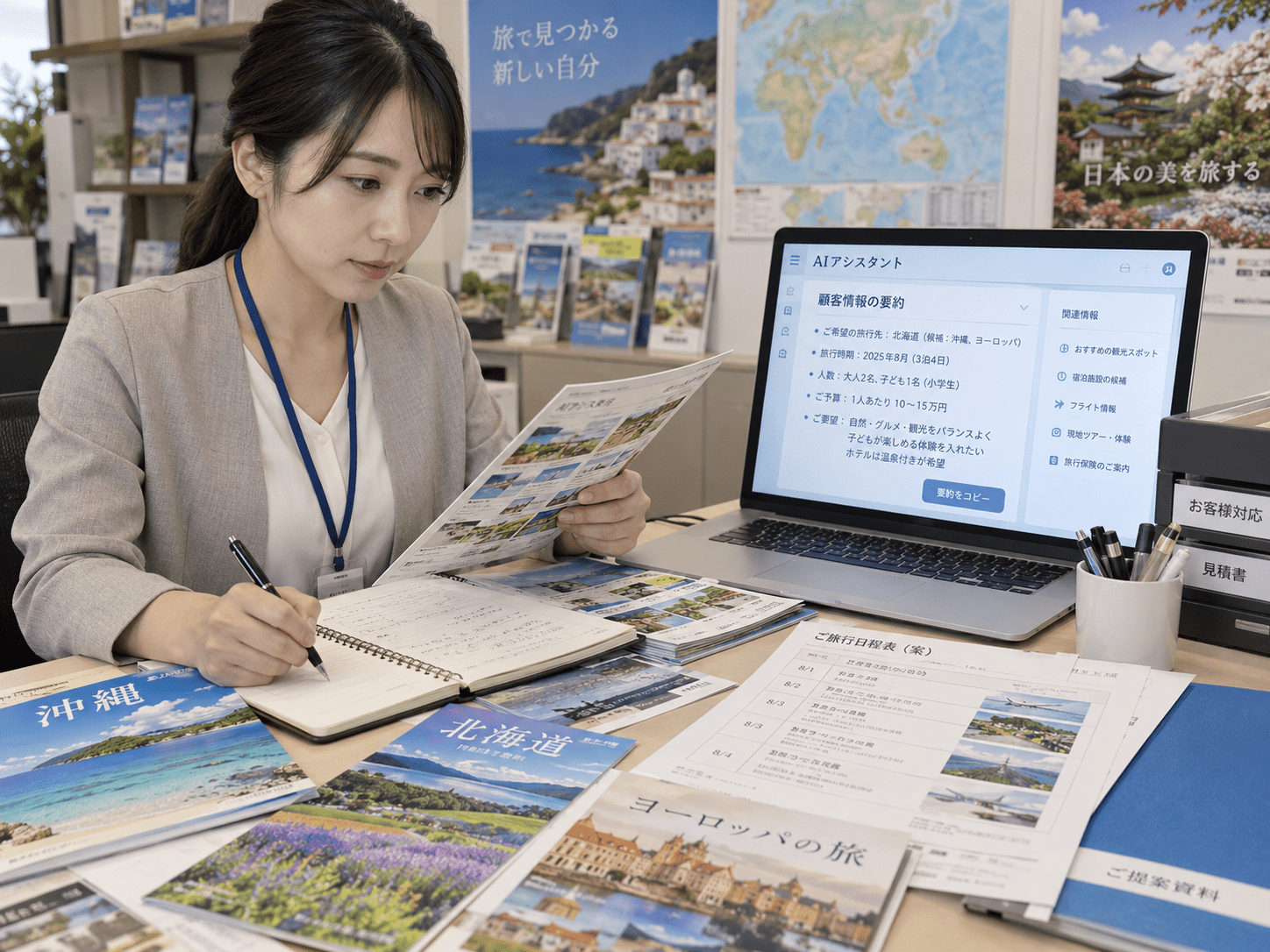 旅行会社の担当者が旅程資料と問い合わせ内容を確認しながら生成AIで情報を整理している様子