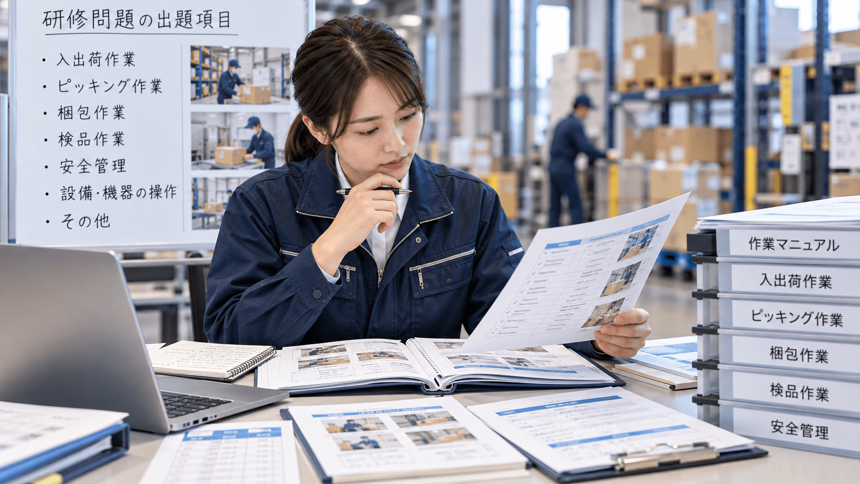 倉庫作業マニュアルと作業資料を確認し研修問題の出題項目を整理する担当者