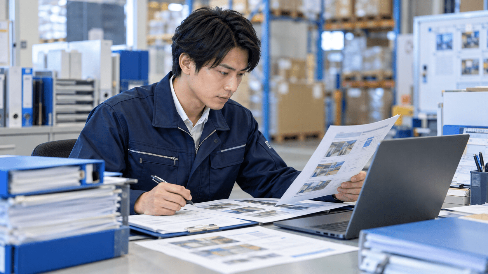 AIで作成した倉庫研修問題と元の作業マニュアルを照合する物流担当者