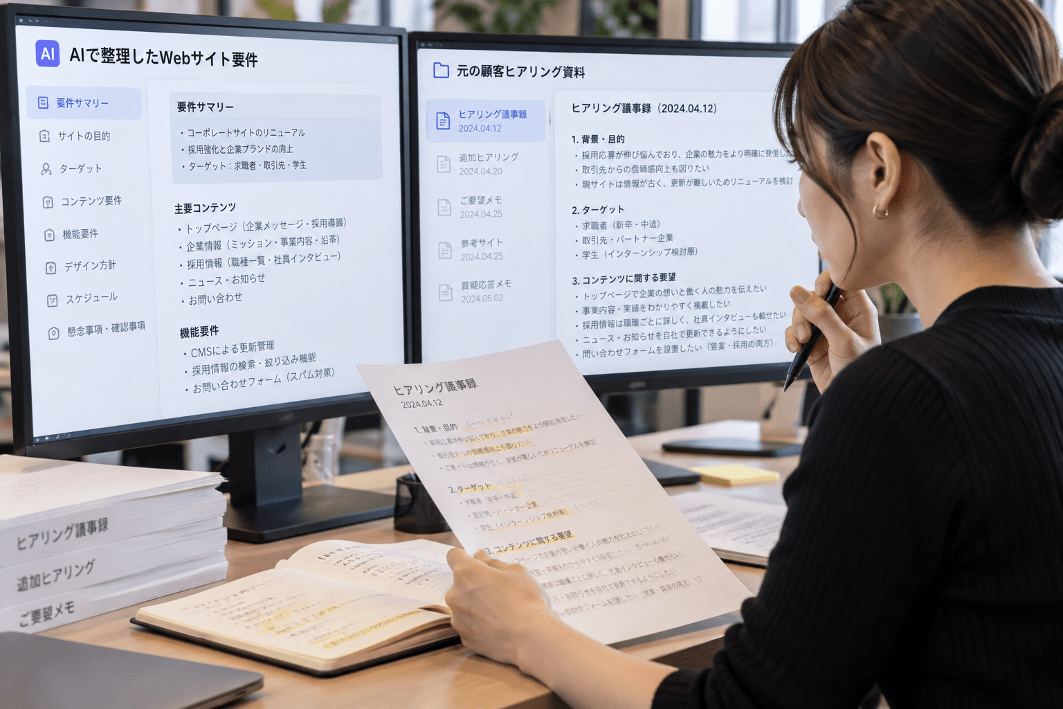 AIで整理したWebサイト要件と元の顧客ヒアリング資料を照合する制作担当者