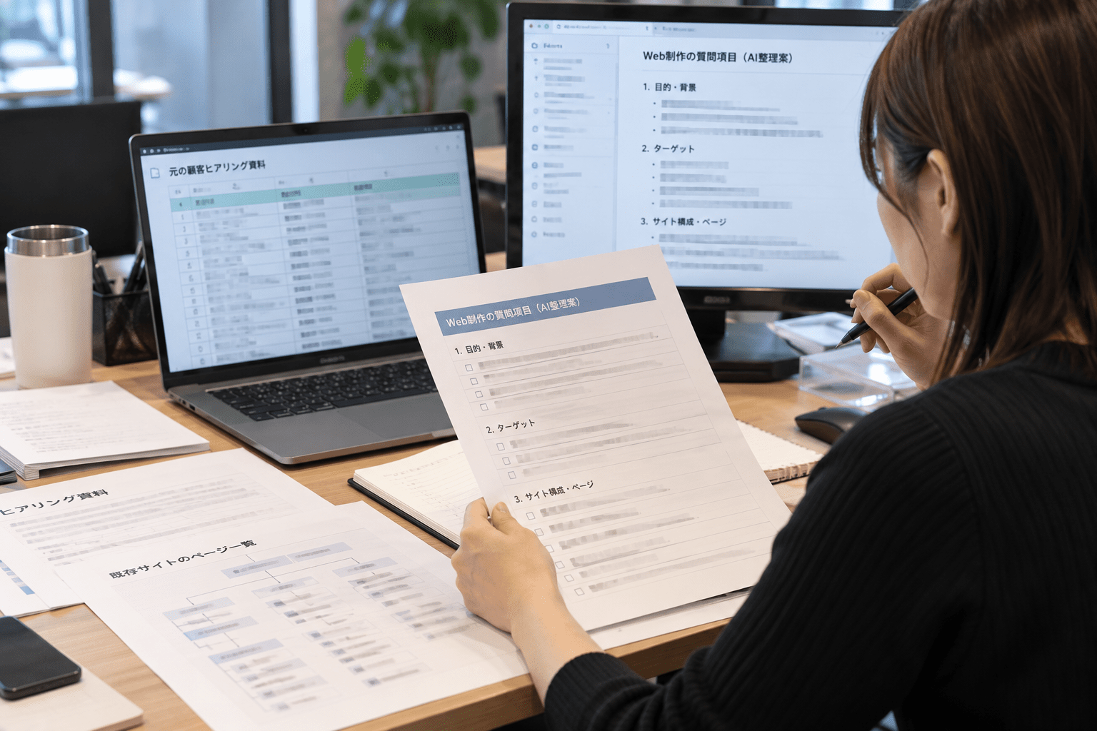 AIで整理したWeb制作の質問項目と元の顧客資料を照合する制作担当者