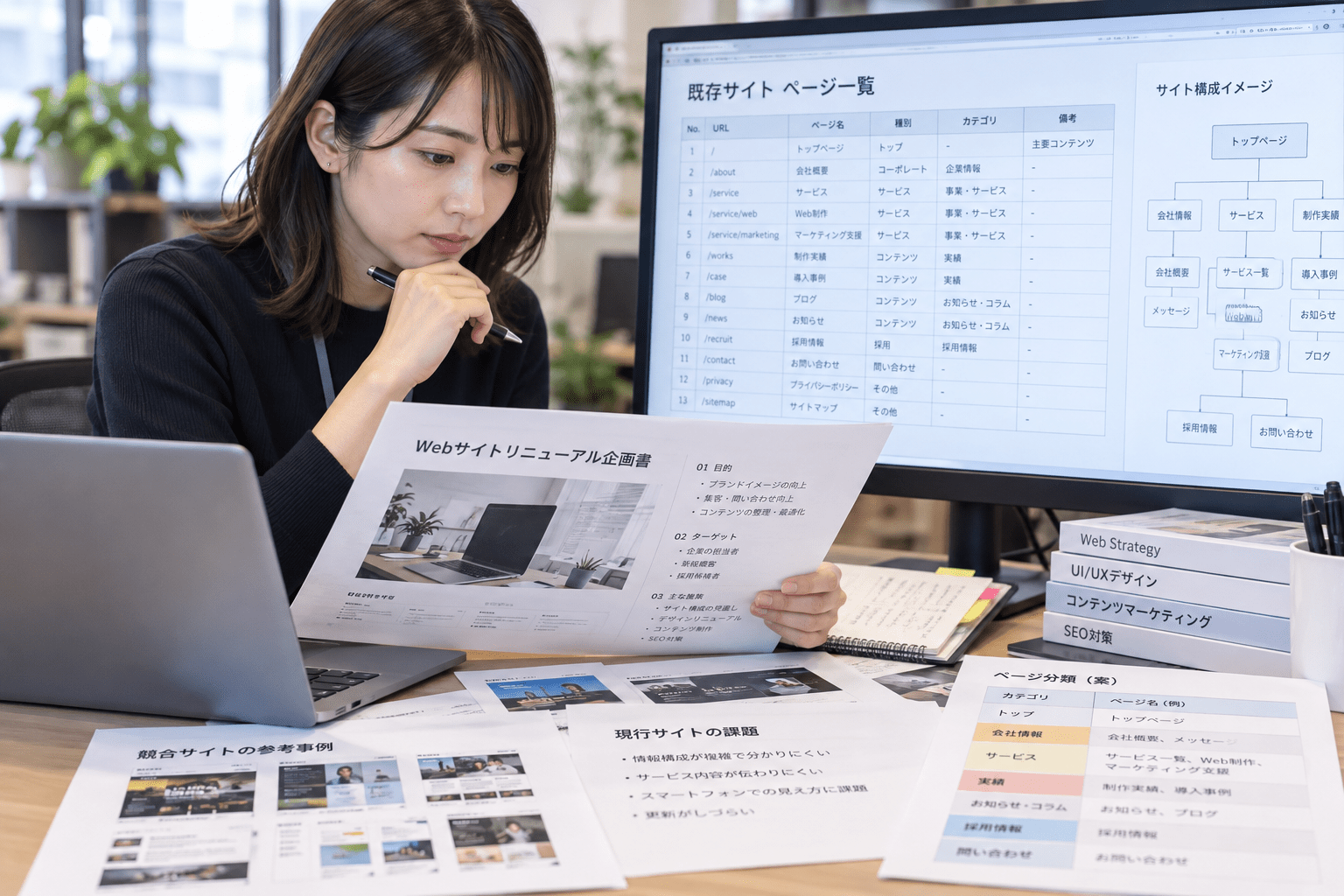 既存サイトのページ一覧と関連資料を確認し分類項目を整理するWeb制作担当者