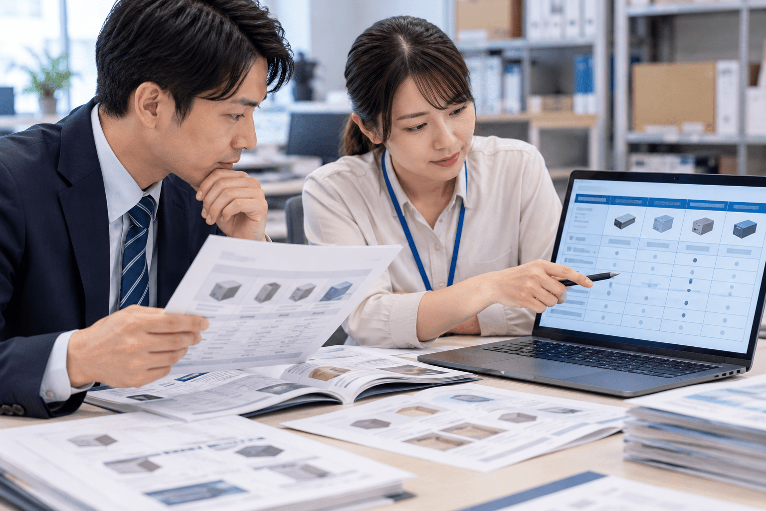 AIで作成した商品仕様比較表と元の商品資料を照合する卸売業の担当者