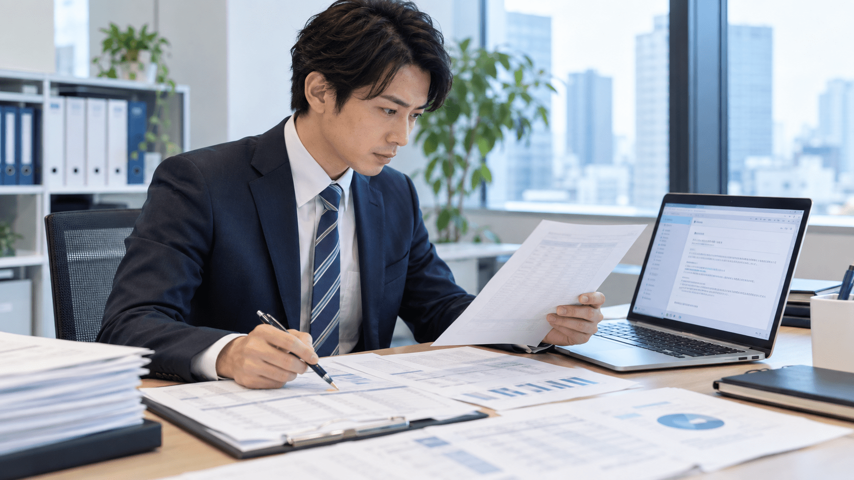AIで作成した休眠取引先への案内メール案と元の取引資料を照合する営業担当者