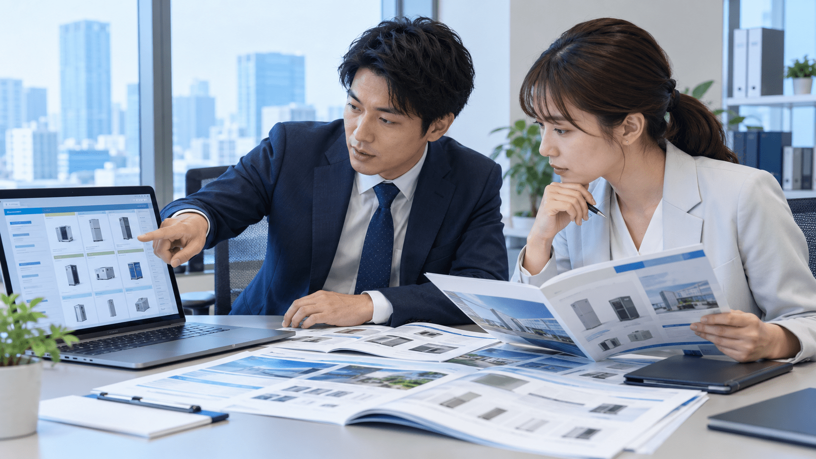 AIで整理した商品選定シートと元の商品資料を照合する営業担当者と商品担当者