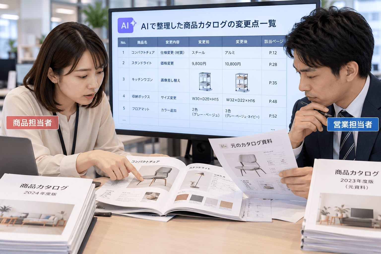 AIで整理した商品カタログの変更点一覧と元資料を照合する商品担当者と営業担当者