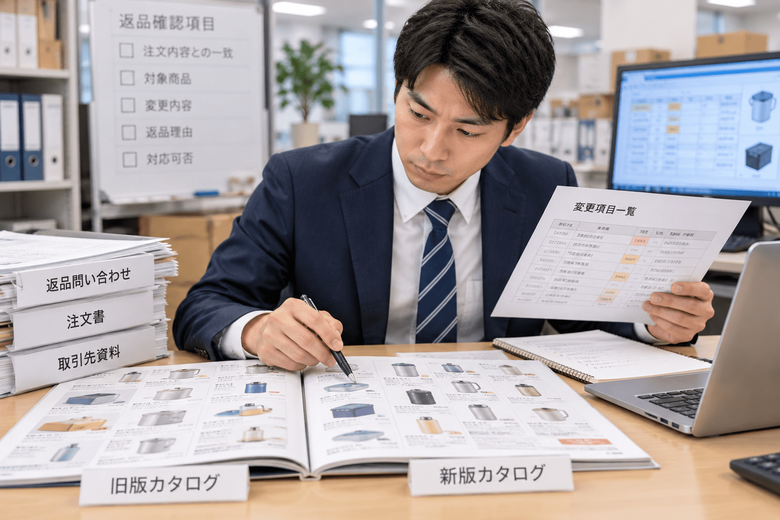 旧版と新版の商品カタログを並べ変更項目を整理する卸売業の担当者