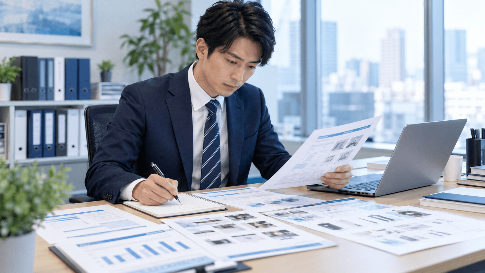 過去の取引履歴と商品資料を確認し休眠取引先への案内条件を整理する卸売業の営業担当者