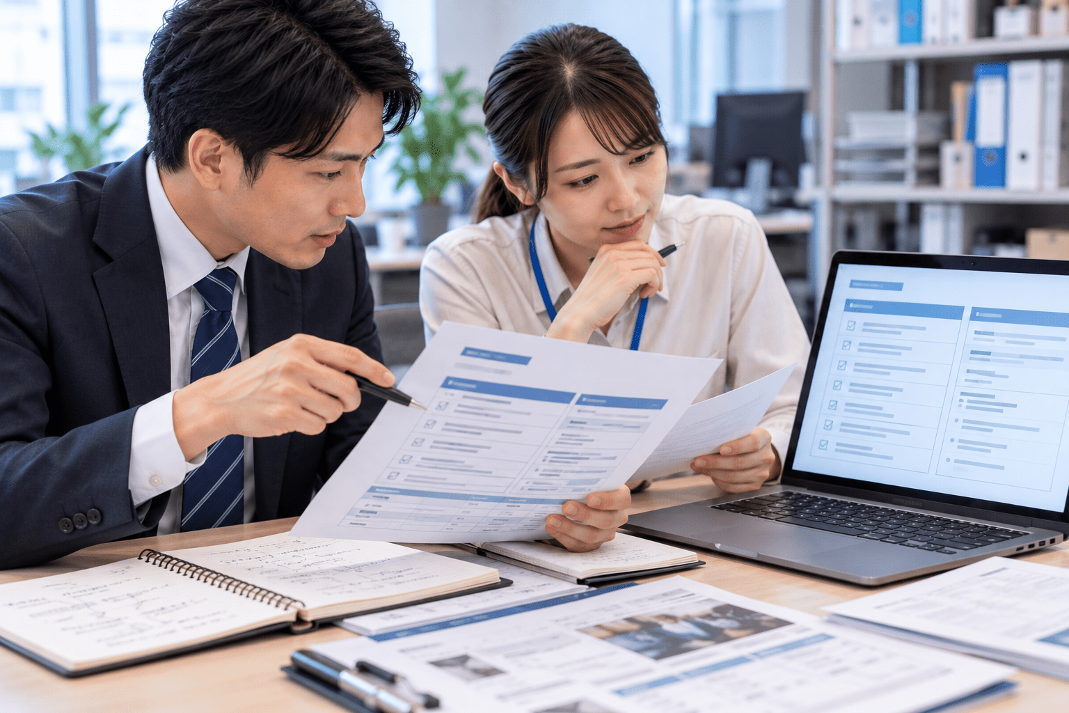 AIで整理した次回提案の確認事項と元の営業訪問メモを照合する卸売業の担当者