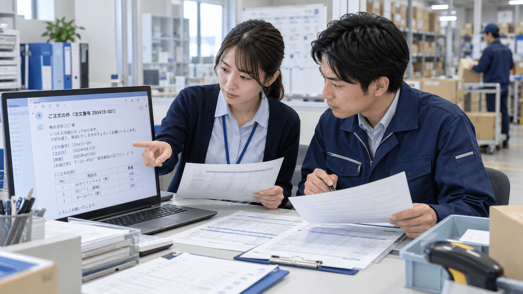 AIで整理した受注確認票と元の注文メールを照合する営業事務担当者と出荷担当者