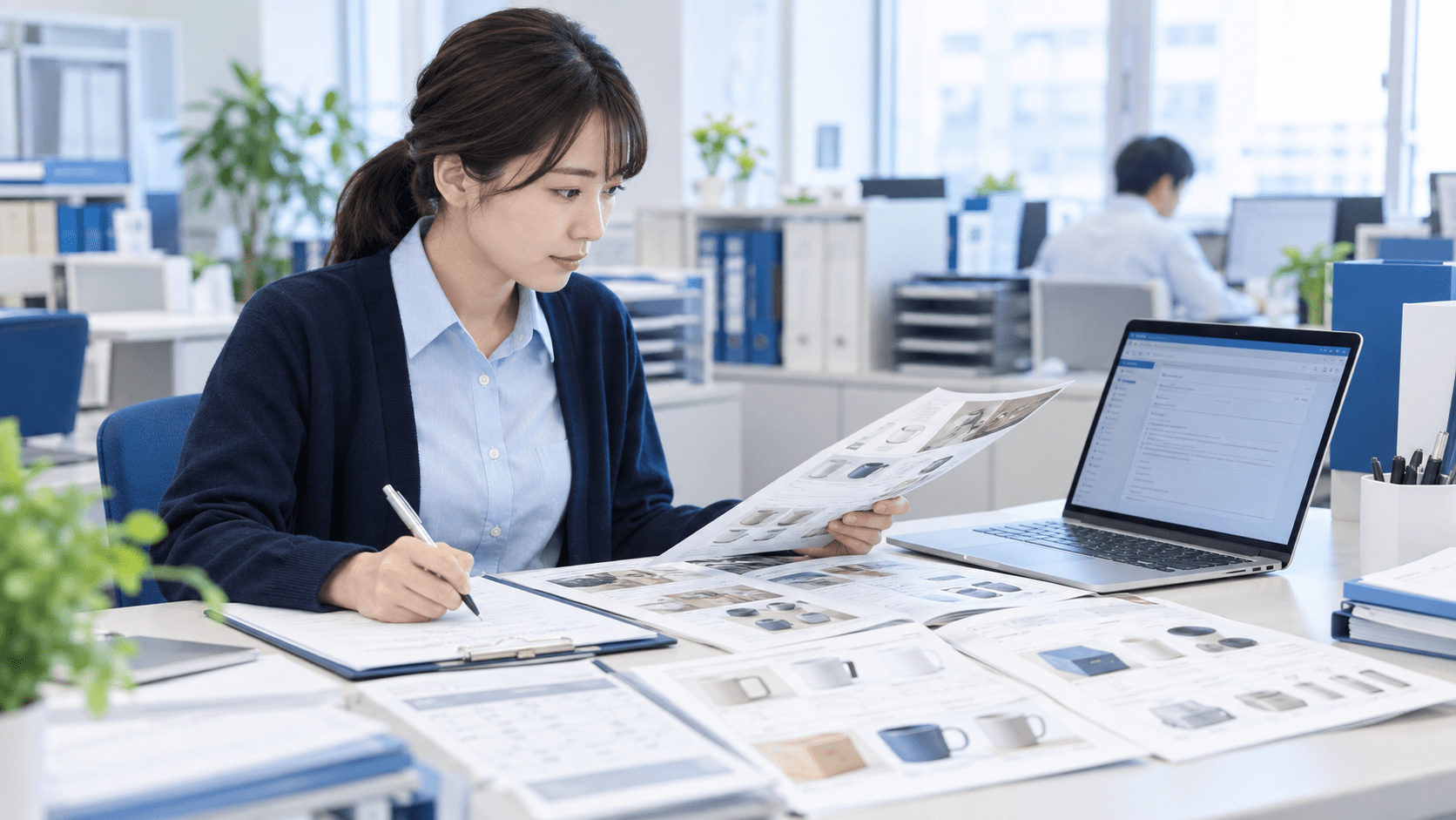 取引先の注文メールと商品資料を確認し受注項目を整理する卸売業の担当者