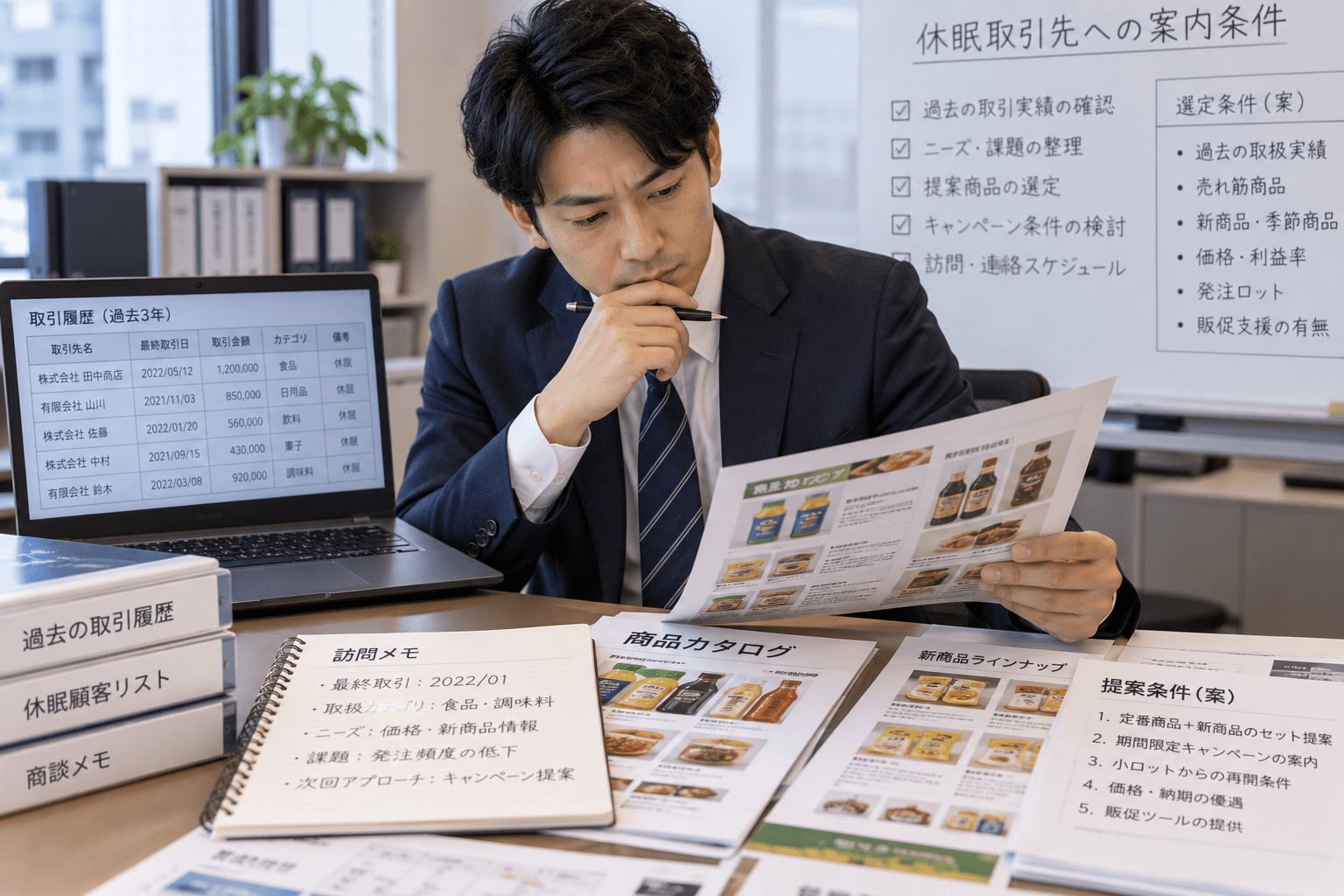 営業訪問メモと商品資料を確認し商談用の商品選定条件を整理する卸売業の担当者