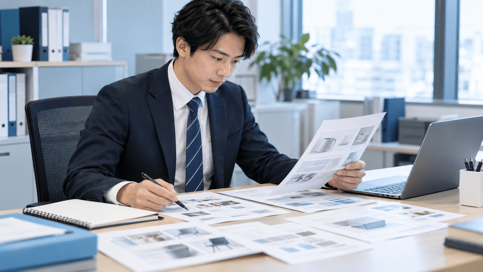複数の商品仕様書を確認し比較項目を整理する卸売業の担当者