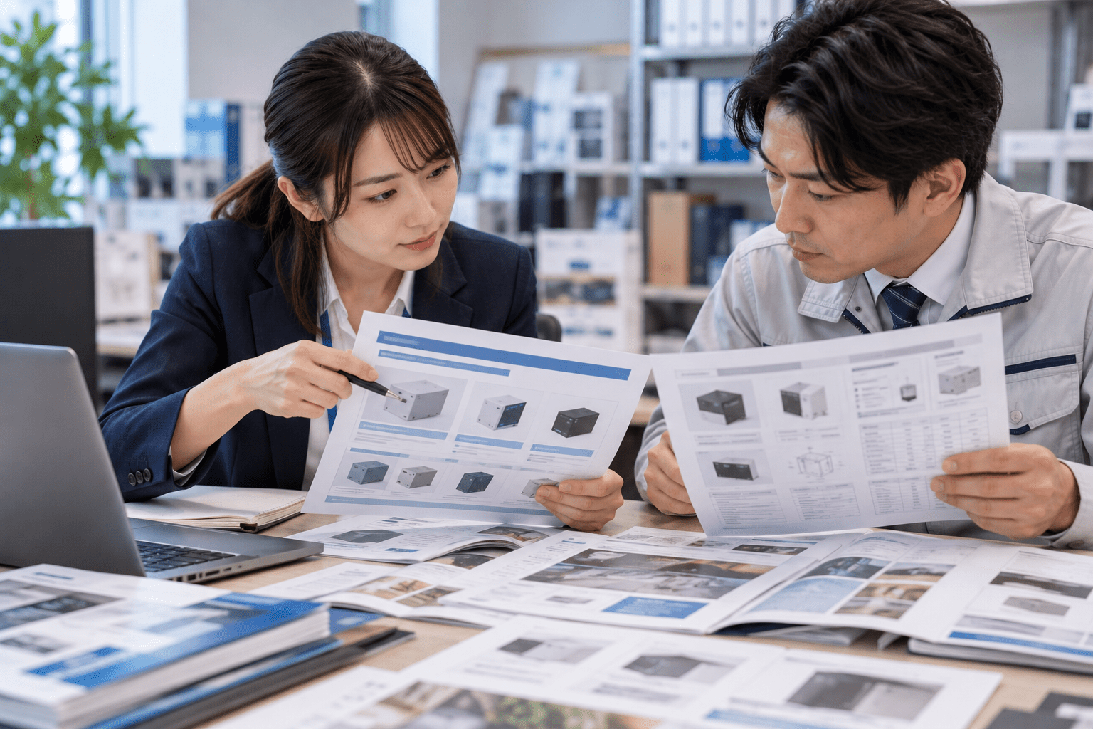 AIで作成した商品勉強会資料と元の商品資料を照合する営業担当者と商品担当者