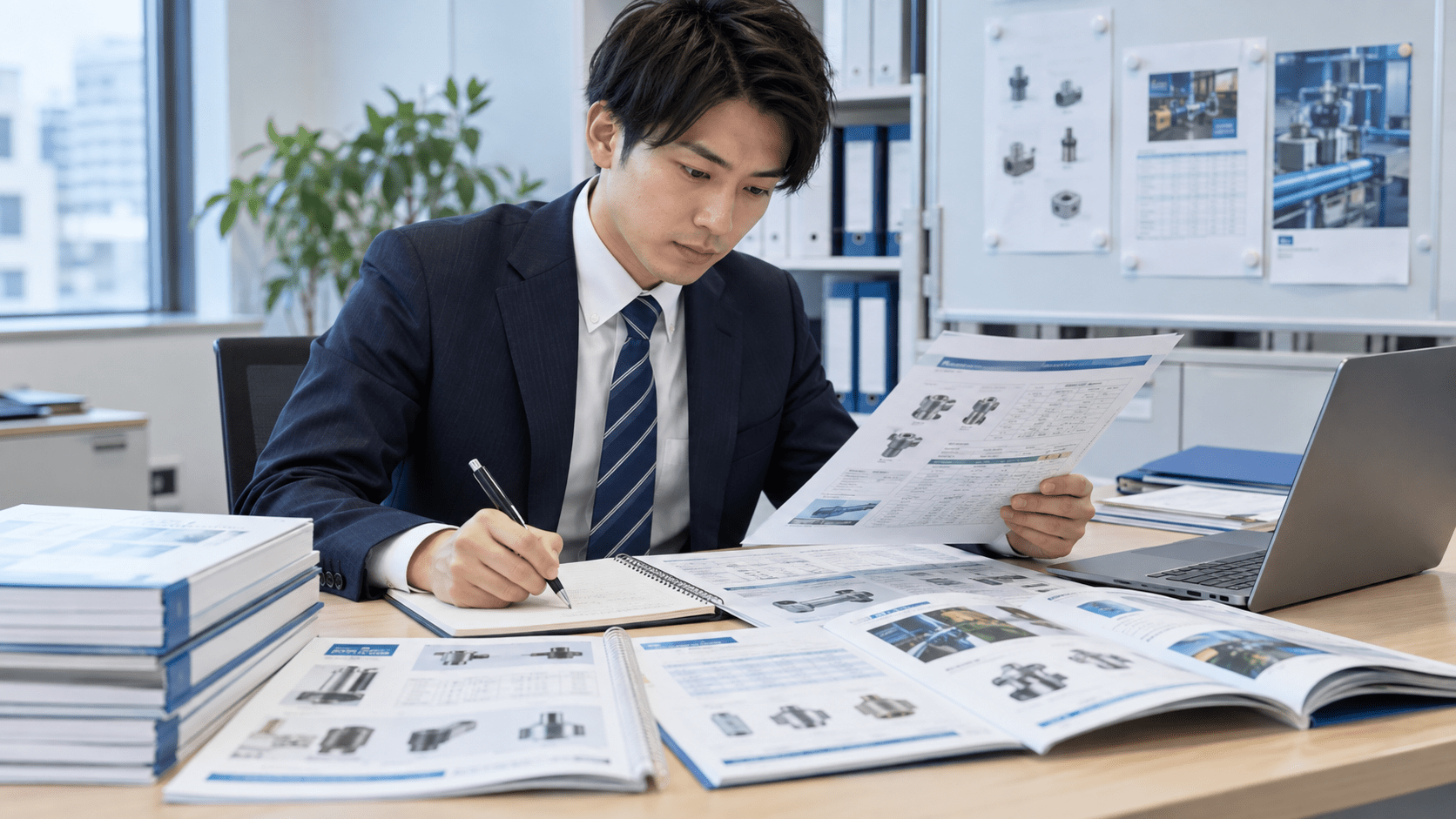 商品仕様書やカタログを確認し勉強会資料に必要な情報を整理する卸売業の担当者