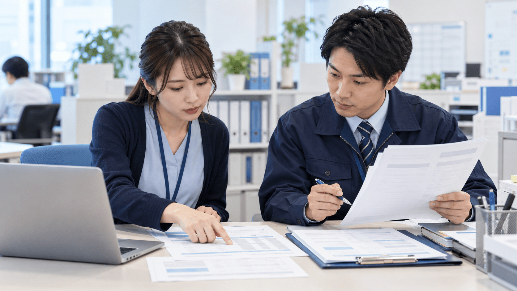 AIで整理した返品確認票と元の問い合わせ資料を照合する営業事務担当者と物流担当者