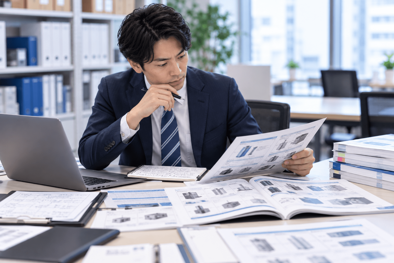 営業訪問メモと商品資料を確認し次回提案の確認事項を整理する卸売業の営業担当者