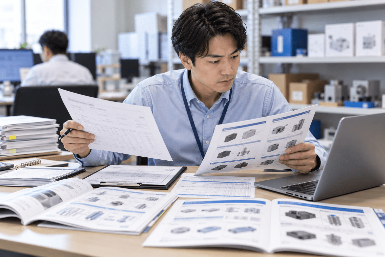 注文資料と商品資料を確認し代替商品の条件を整理する卸売業の担当者